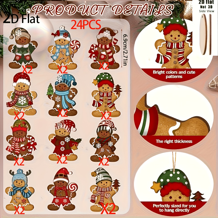 24pcs Christmas 2d Gingerbread For Man Creative Cute Gift Ornaments, Festive Tree Hanging Decorations For Gatherings, Room & Kitchen Décor, 2d Flat
