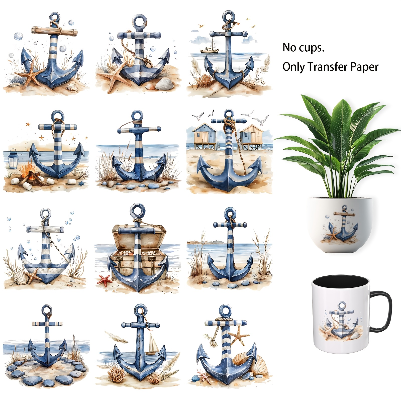 Image of 12 Sheets Watercolor Anchor Uv Dtf Rub On Transfers For Furniture, Rub On Transfer For Crafts, Uv Cup Wraps For 16oz Glass & Mug, Rub On (transfer )2d Flat., 2d Flat