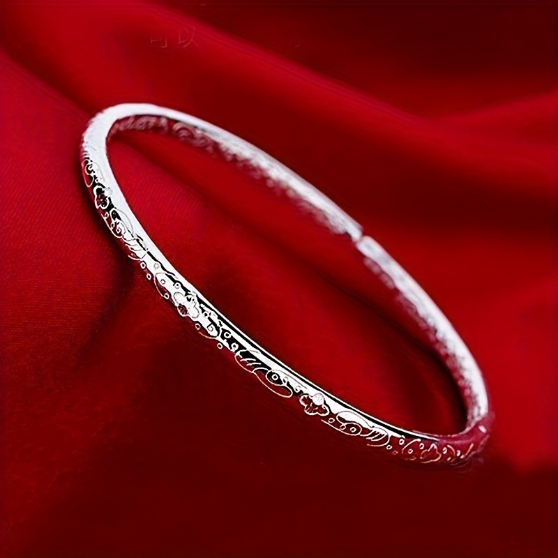 

1pc Elegant 925 Sterling Silver Floral Bangle - Luxurious Thin Bracelet For Women, & , Christmas Gift