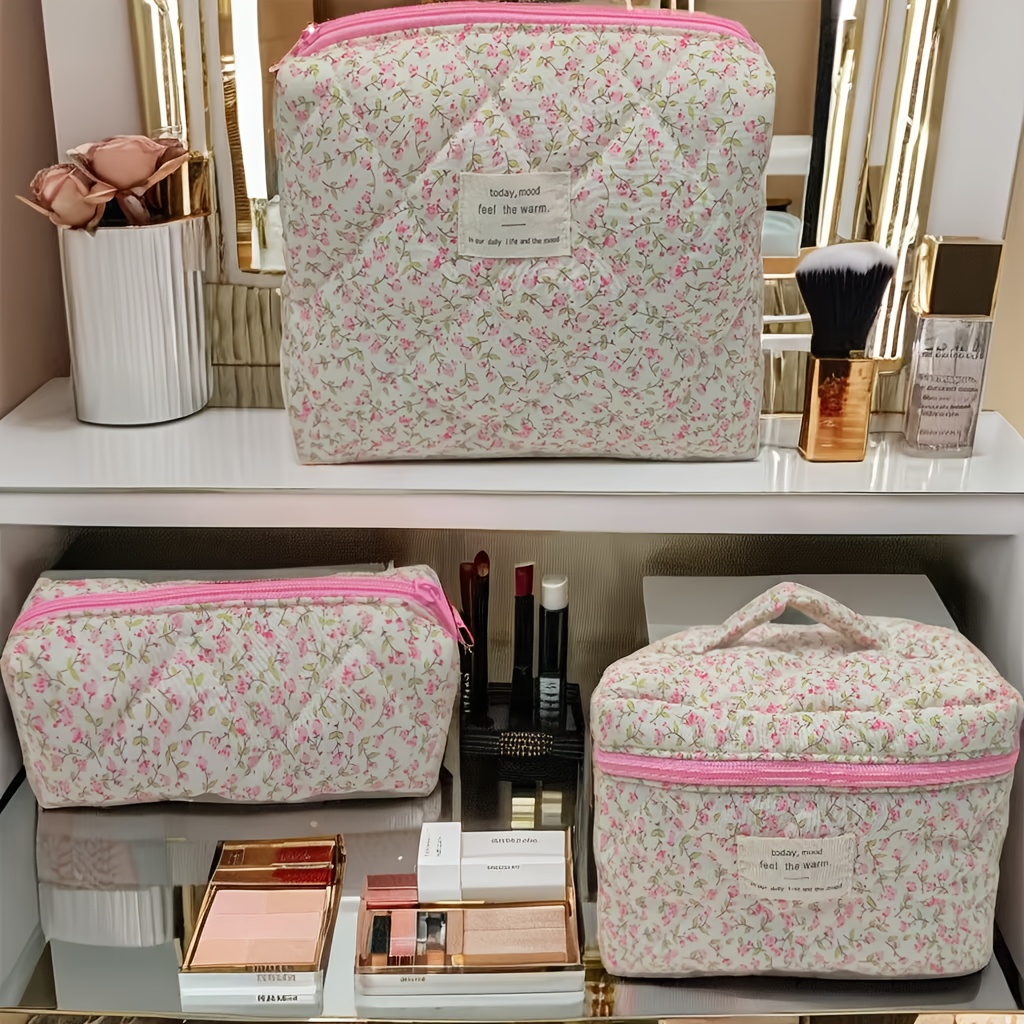 TEMU 3pcs Foam Quilted Makeup Bag Set, Cute Women's Cosmetic Bags With Floral Aesthetic Print Designs, Travel Toiletry Organizer Pouches
