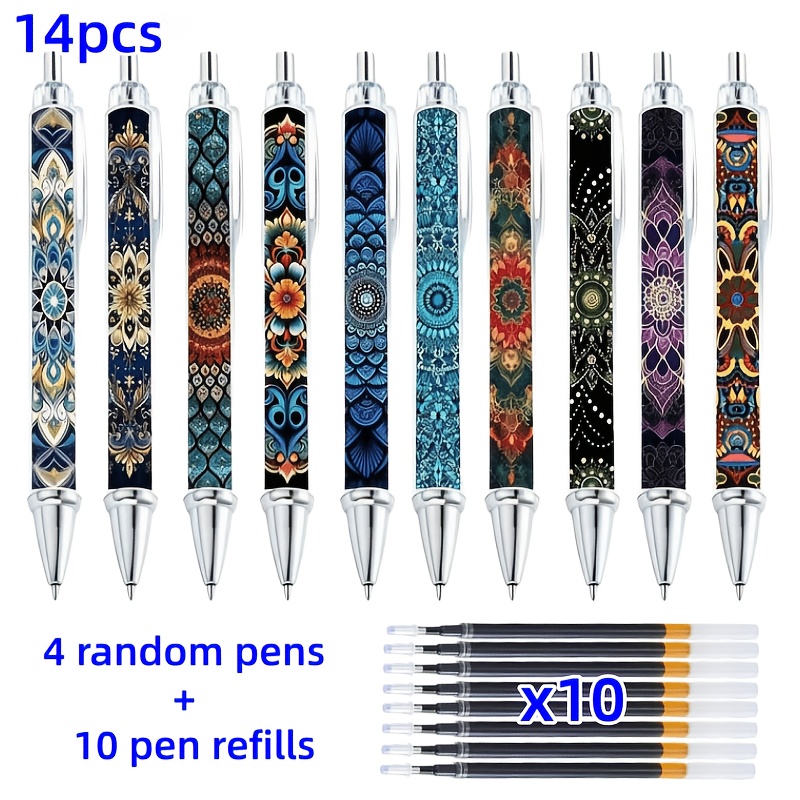 14pcs Bohemian Pattern Click Ballpoint Pen Set - Includes 4 Random Pens + 10 Refills. Mandala Pattern Totem Elements Are Artfully Integrated Pen Body, A Portable . Features Rich, Vibrant Colors