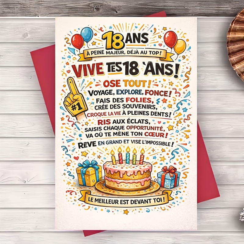 TEMU 1 carte de vœux pour le 18e anniversaire, avec des ballons et un gâteau aux , incluant un message inspirant, pour fils, fille, ami ou de classe.