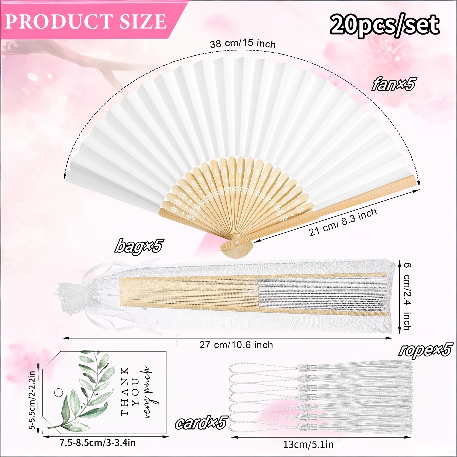 Image of 20pcs/5set Stacked Bamboo Handheld Wedding Fans, With Thank You Card, Tassel And Gift Bag, Suitable For Wedding Guests, Party Gifts, Bridal Showers