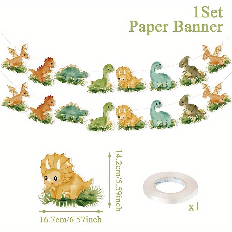2 Per Set, Dino Paper Banner, Decorations For Forest Dinosaur First Birthday Party, Hanging Flags For A Dinosaur-themed Birthday Celebration, Happy Birthday Garland Banner