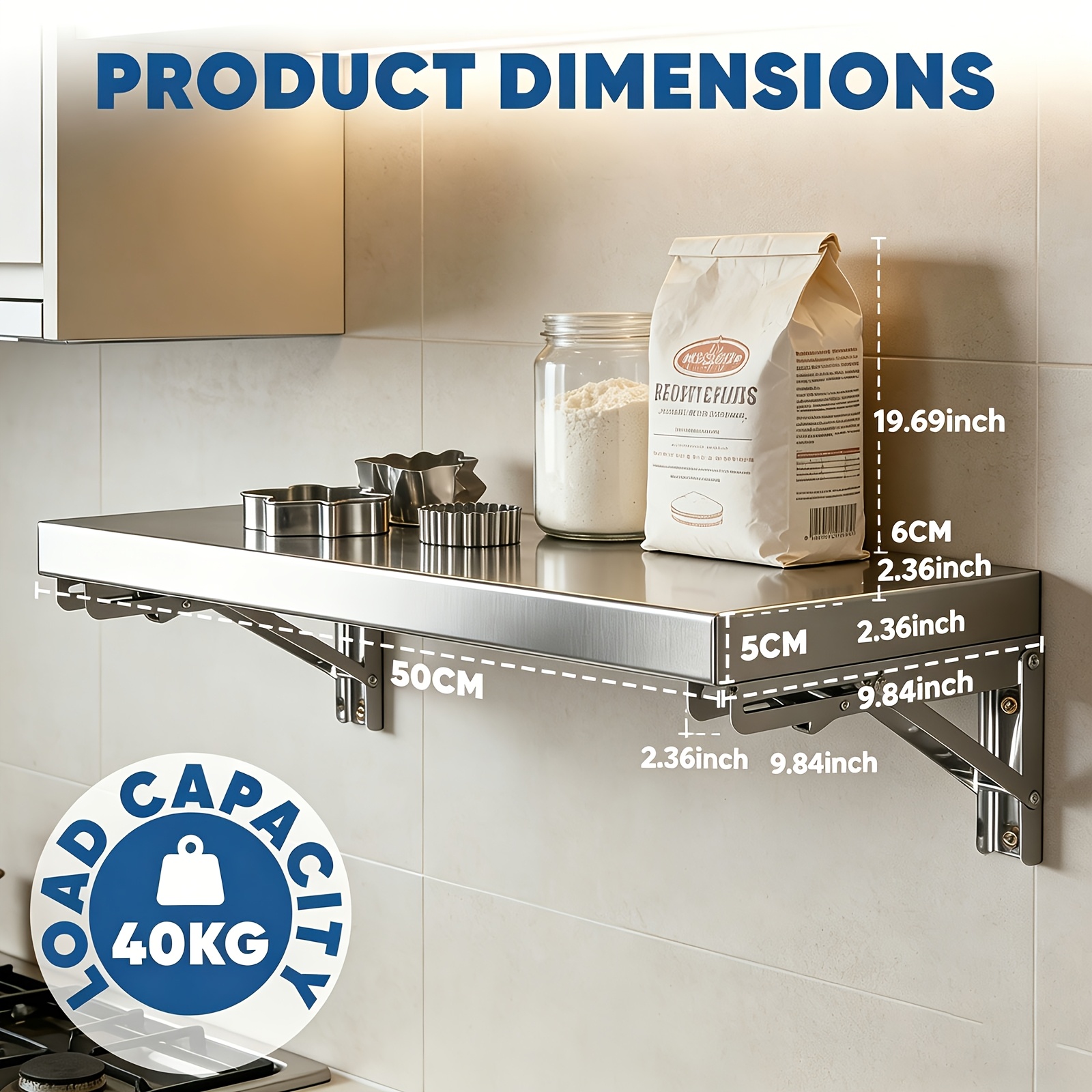 Wall-mounted Folding Table Board/shelf 50cm/60cm 304 Stainless Steel Foldable Panel, Load-bearing 40kg, Suitable For Home Kitchens, , Study Rooms, Corridors, Utility Rooms And Other , Utility Racks