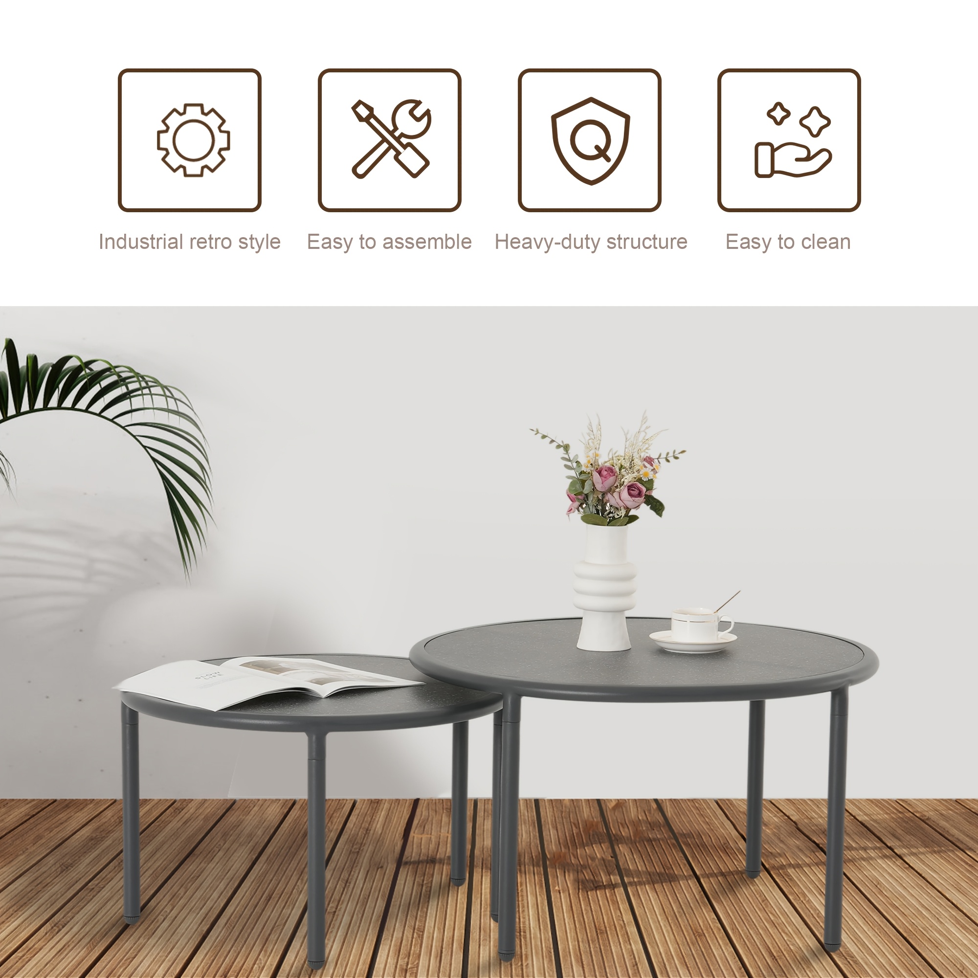 2pcs Black Aluminum Round Outdoor Coffee Table Set | Nesting Side Table with Round Tabletop, Powder Coated Aluminum Frame, Suitable for Garden Balcony