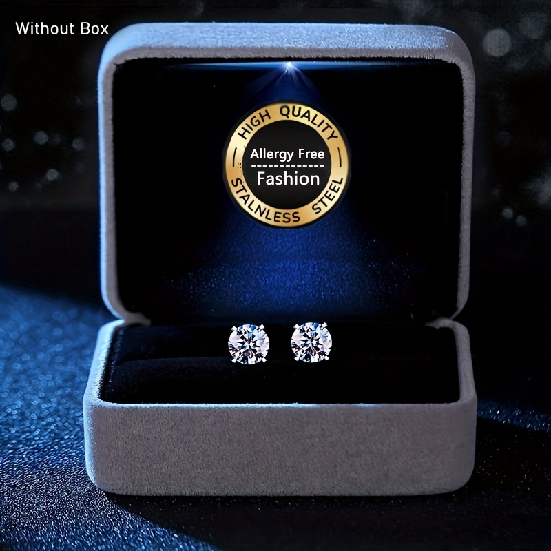 Pair! Men' Elegant Silvery Stainless Steel Earrings, Carat Synthetic Synthetic Zirconia Studs, Wedding Accessory Jewelry, Hypoallergenic, Fade-resistant, Durable! No Gift Box