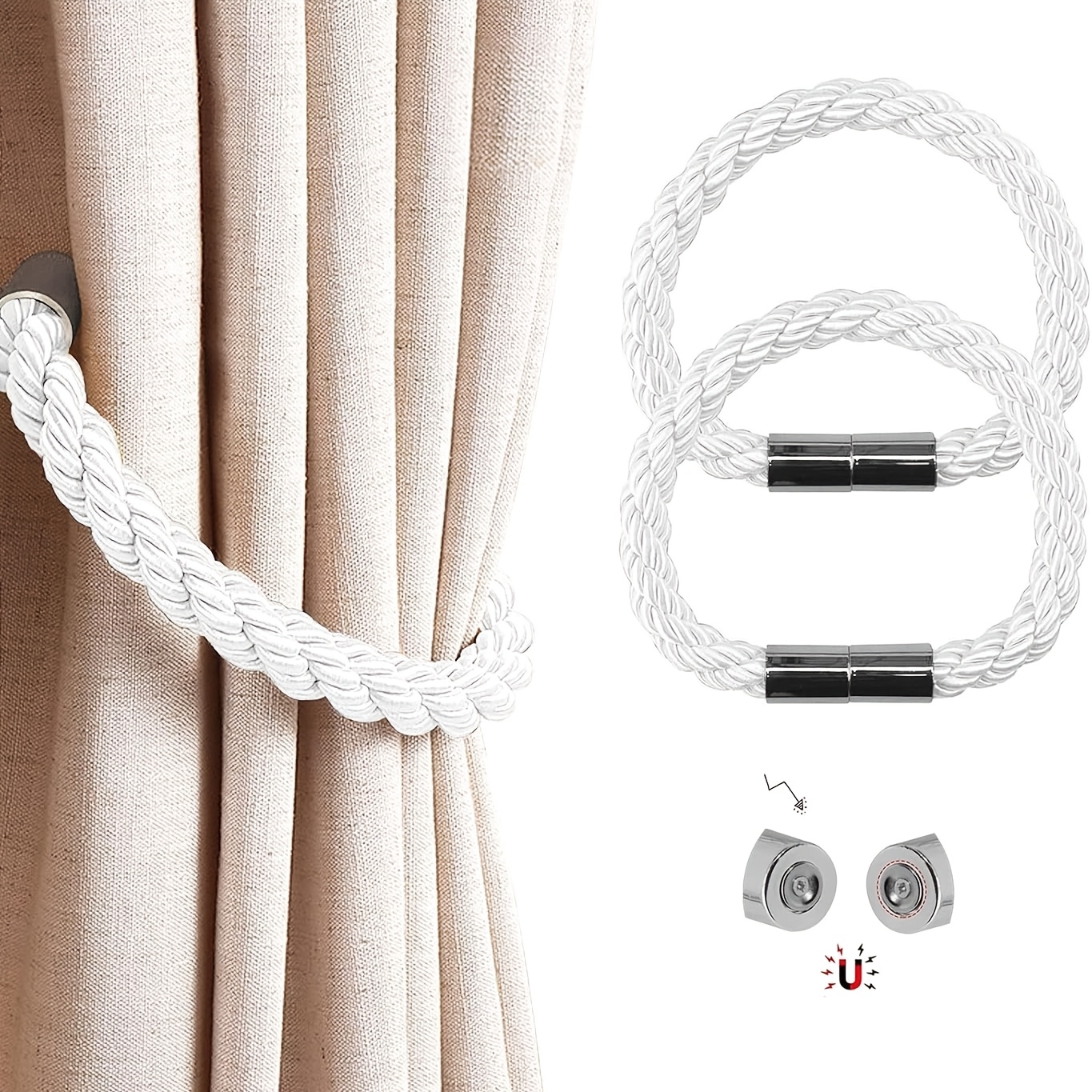 Magnetic Curtain Holdbacks with a Thick Braided Rope Twist Design, No Drilling Required, Sturdy Enough for Drapes, Perfect for a Modern Minimalist Look in Living Rooms, Bathrooms, And Bedrooms (Available in Sets of 2, 4, Or 6)