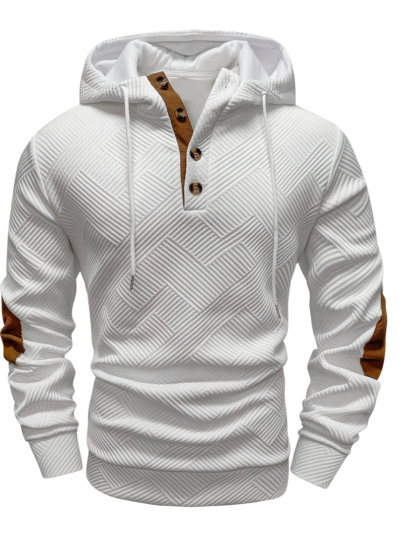 Men'S Stylish Casual Hooded Cardigan with Front Zipper and Button Placket - Geometric Pattern, Brown and Orange Accents, Light Gray, Perfect for Spring/Fall