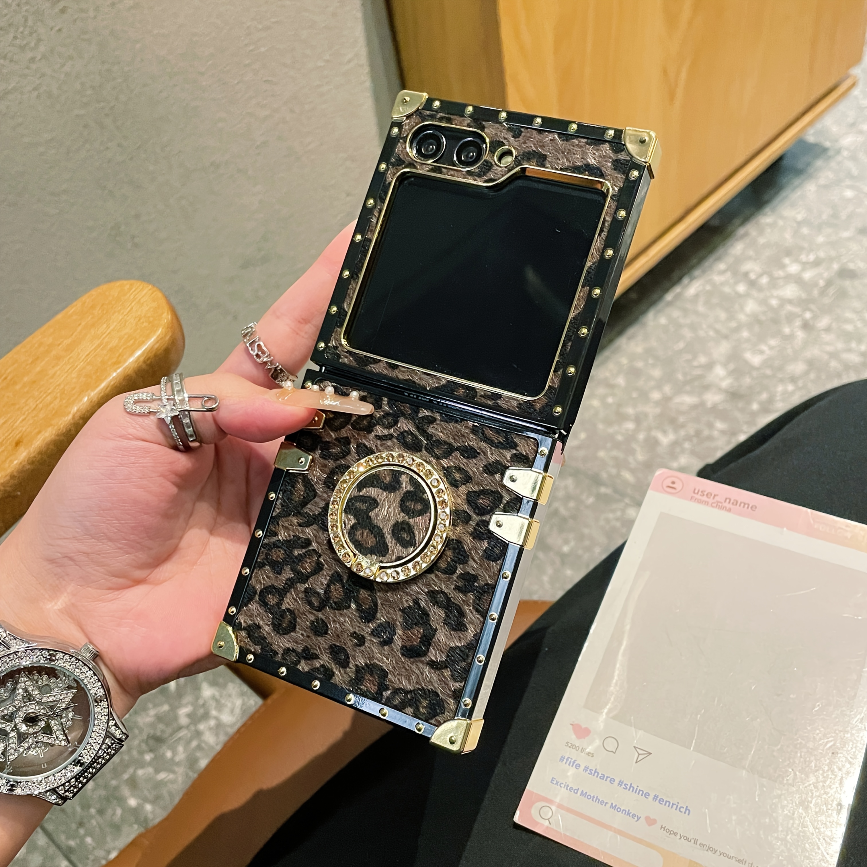 TEMU Phone Case: Leopard Pattern Synthetic Leather Premium Soft Case For Galaxy Z Flip 7 6 5 4 3 5g Flip 7 Fe Cover With Bracket