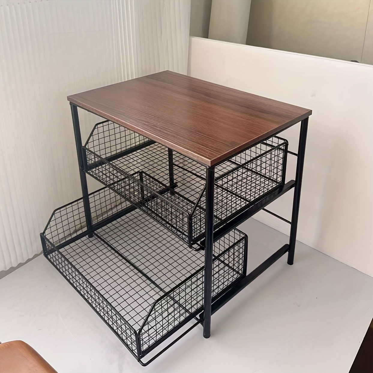 TEMU 1pc Space- Kitchen Countertop Organizer With Drawer And Metal Basket - Sturdy Solid Wood And Metal Storage Rack, Suitable For Coffee Maker,