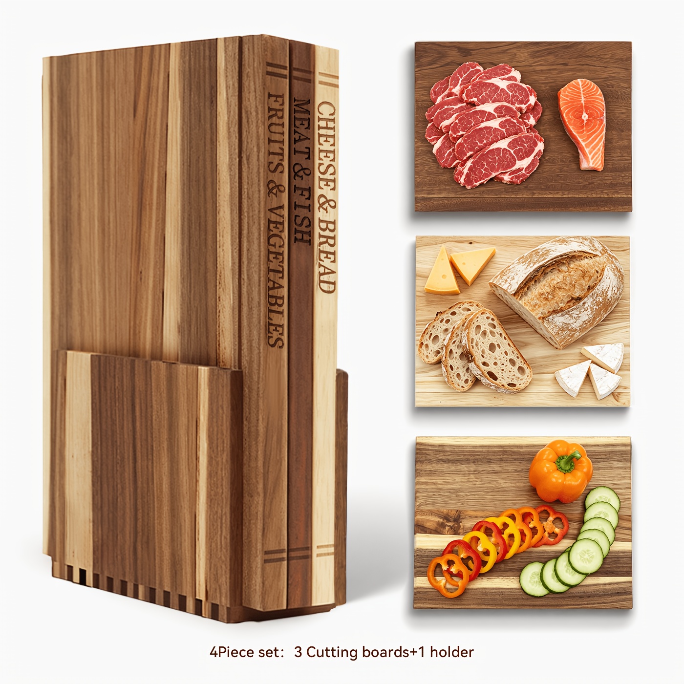 Image of Wooden Cutting Boards For Kitchen, 3pcs Acacia Wood Cutting Board Set With Stand, Cutting Board That Looks Like Books For Vegetables, Cheese, Bread & Meat, Decorative Chopping Board Gift Set