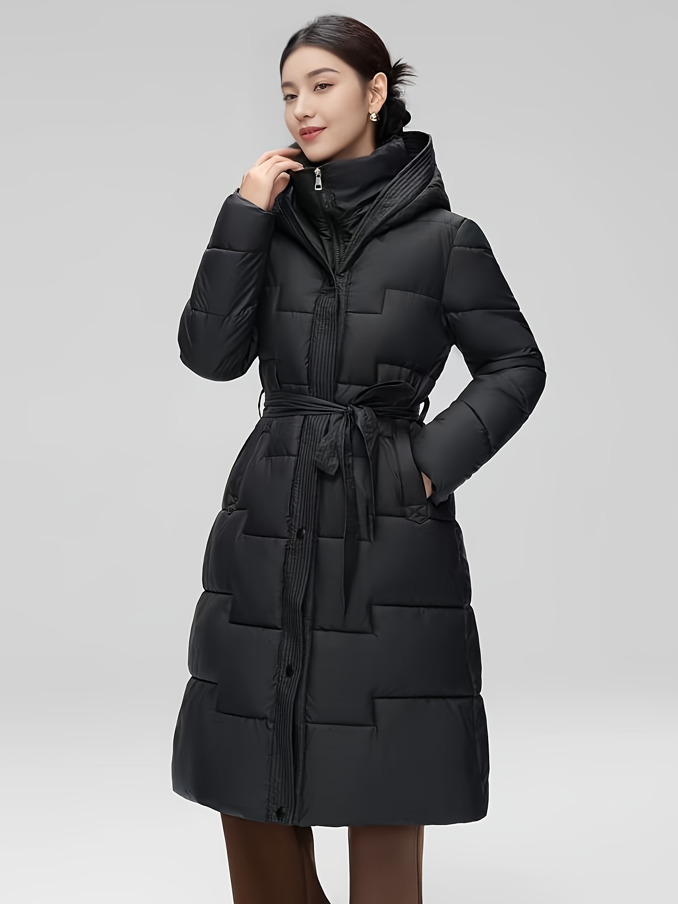 Women's Winter *-Length Thickened Warm Coat Elegant Black Hooded Long  Sleeve Trench Coat with Belt Detail Zipper Closure, Machine Washable