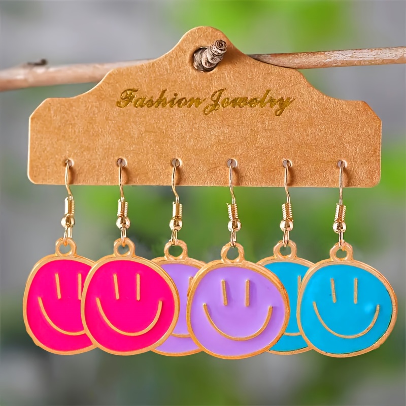 TEMU 3 Pairs/sets Of Multicolor Enamel Happy Face Earrings For Women. A Perfect Gift Suitable For