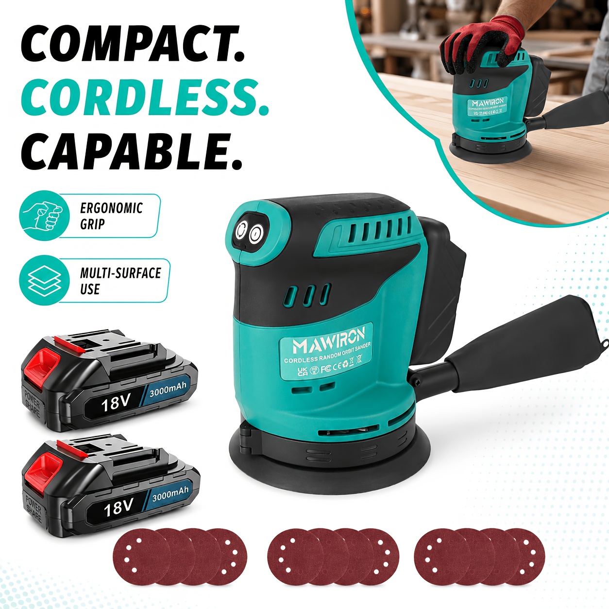 Image of Battery Random Orbital Sander 125mm, 500w Cordless Sander With 2x Battery, Fast Charger, 12 X Sandpaper (p120/p180/), For Sanding Polishing