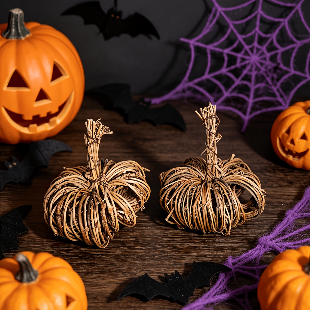 Image of 2pcs Rattan Pumpkin, Vintage Style, Ideal For Halloween Decor, Autumn Decor, Tabletop Ornaments, Windowsill Display, Daily Home Decoration And Holiday Gifts