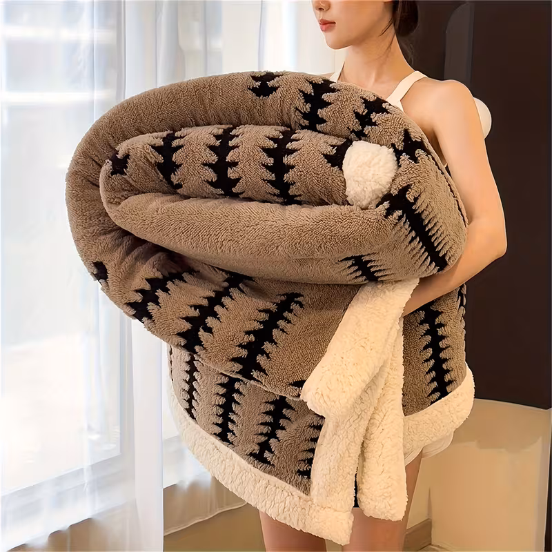 1pc luxury coral fleece blanket soft bedspread throw geometric black white gray beige stripes soft texture suitable for bed sofa or floor machine washable polyester fleece bedding multiple sizes and colors stylish versatile home Product details 4