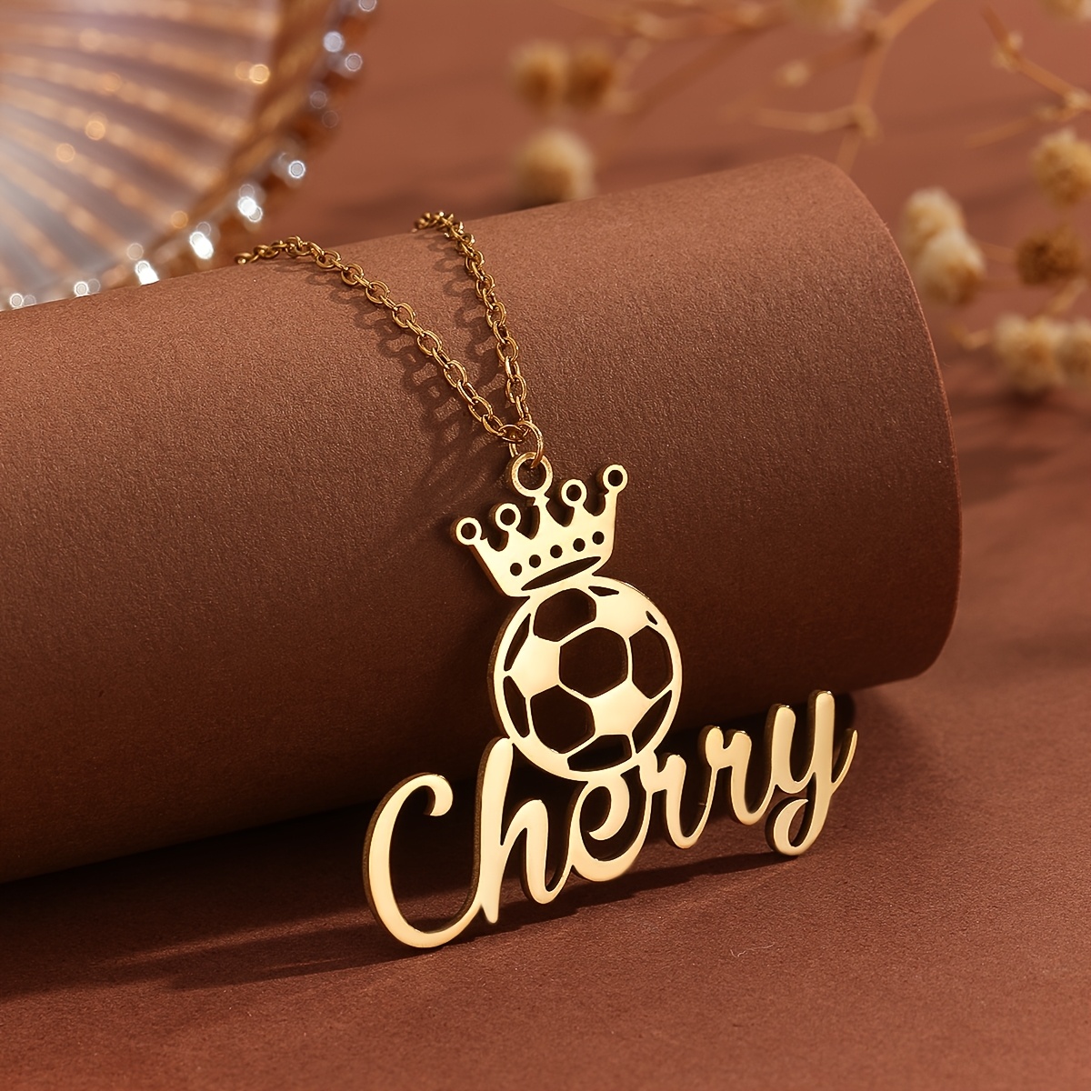 TEMU Customizable Soccer Ball Crown Pendant Necklace - Personalized Name Engraving, Adjustable Thin Chain, Sporty Jewelry Gift For Men & Football