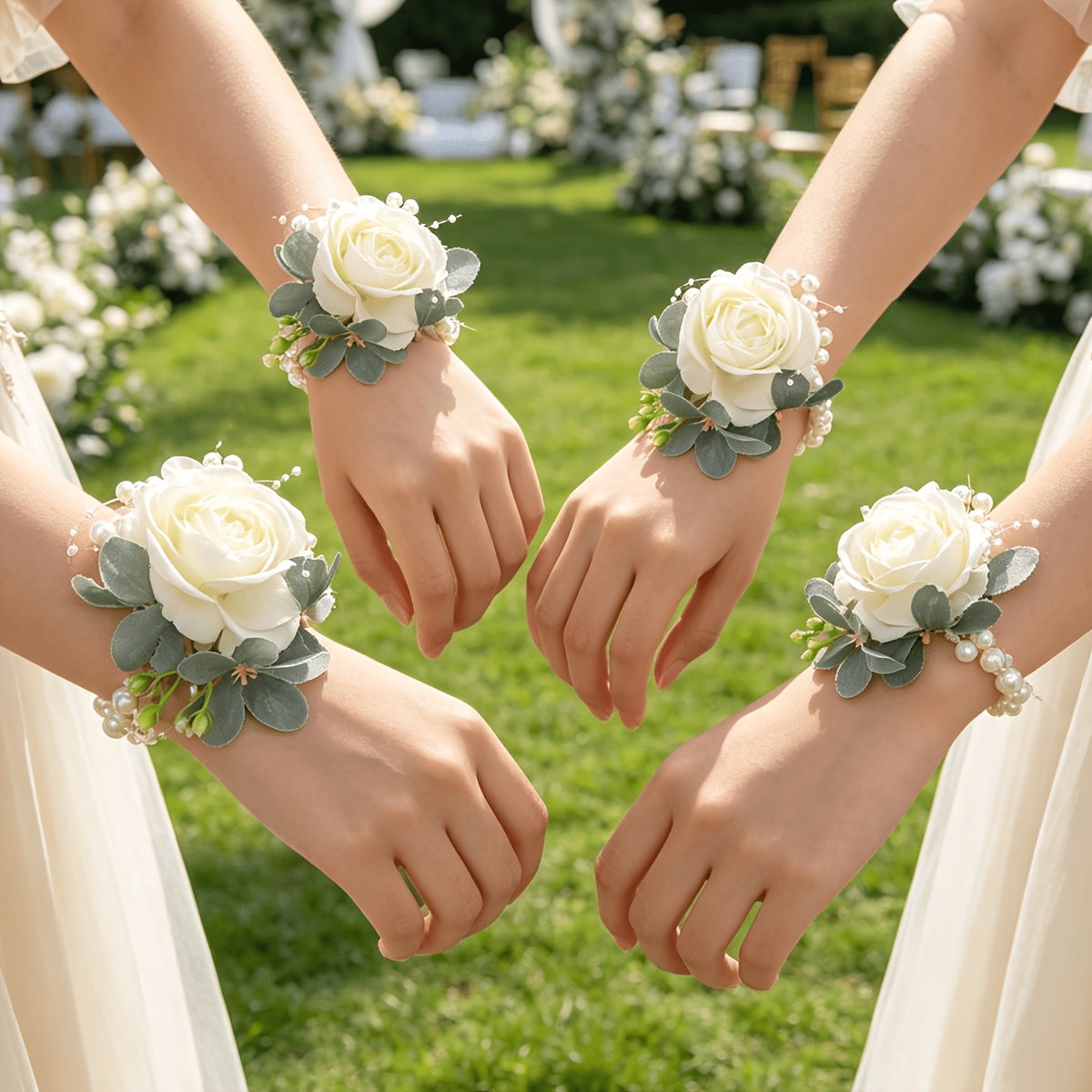 TEMU 4pcs Forest Green Leaf Artificial Silkyy Rose Bride Bridesmaid Wrist Flower Bead Decoration Elastic Pearl Hand Flower Suitable For Wedding Party