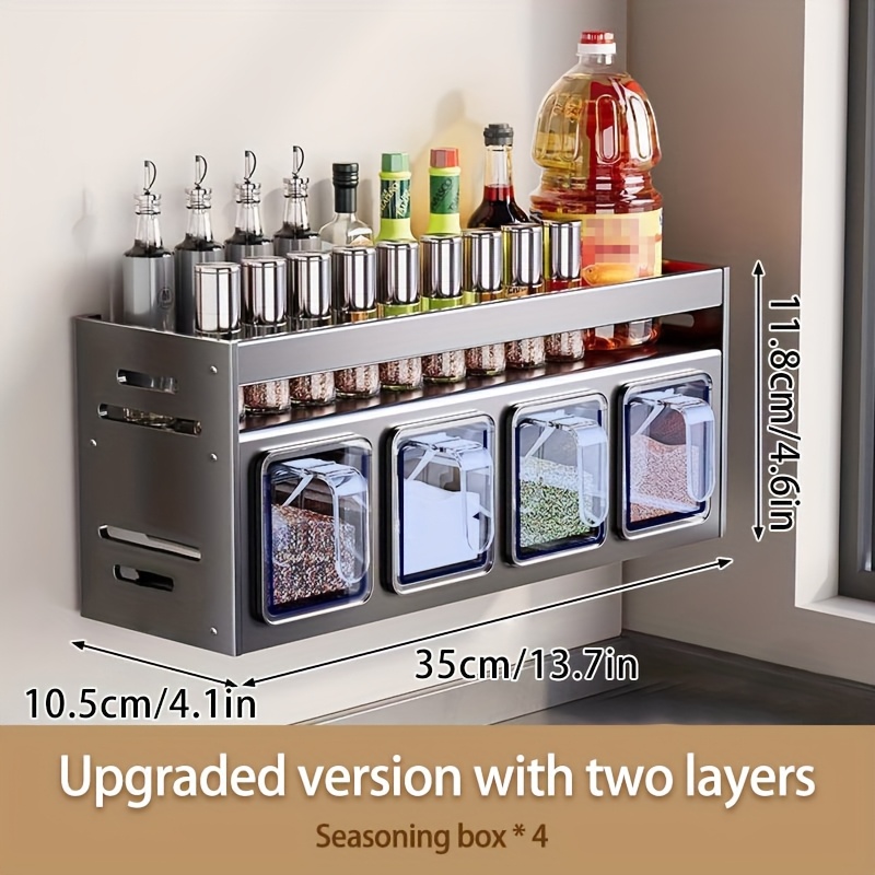 Image of Set Of Spice Storage That Mounted On The Wall - Made Of Stainless Steel, Featuring Containers For Seasonings, Spice Boxes, And Shelves Suitable For Kitchens And Dining Areas