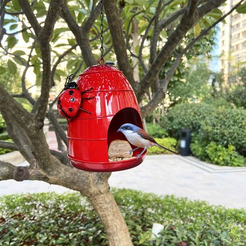 metal hanging bird feeder outdoor yard decoration bird feeder cute three dimensional ladybug design no battery required easy to clean suitable for courtyard garden and home use bird feeding supplies