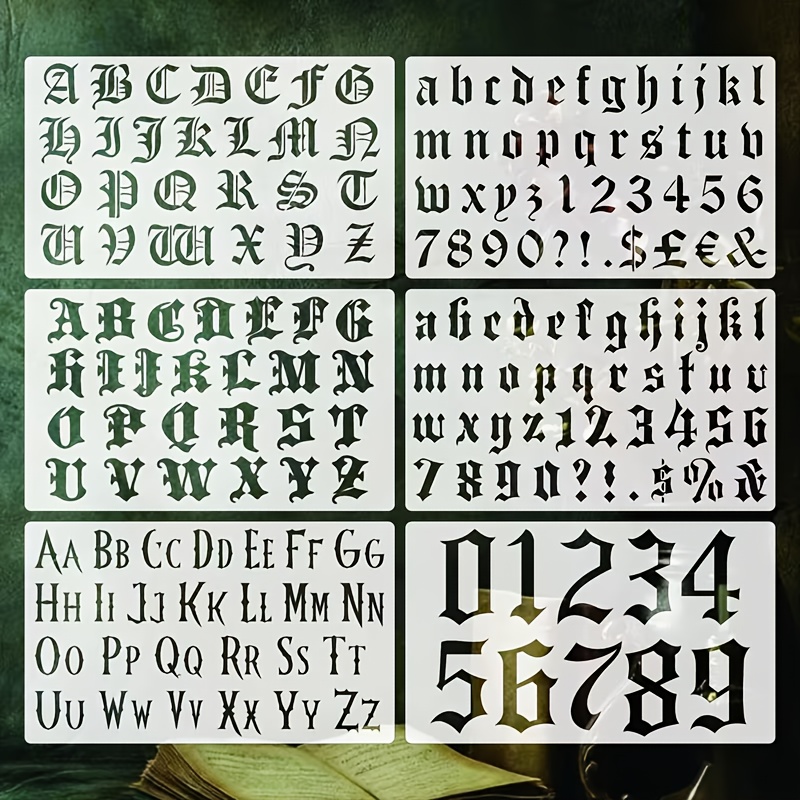 E-shop 6 Stk. wiederverwendbare Gothic-Buchstabenschablonen aus Kunststoff | Geeignet für Scrapbooks, Tagebücher, Papier, Feiertags-Karten, Leinwand |