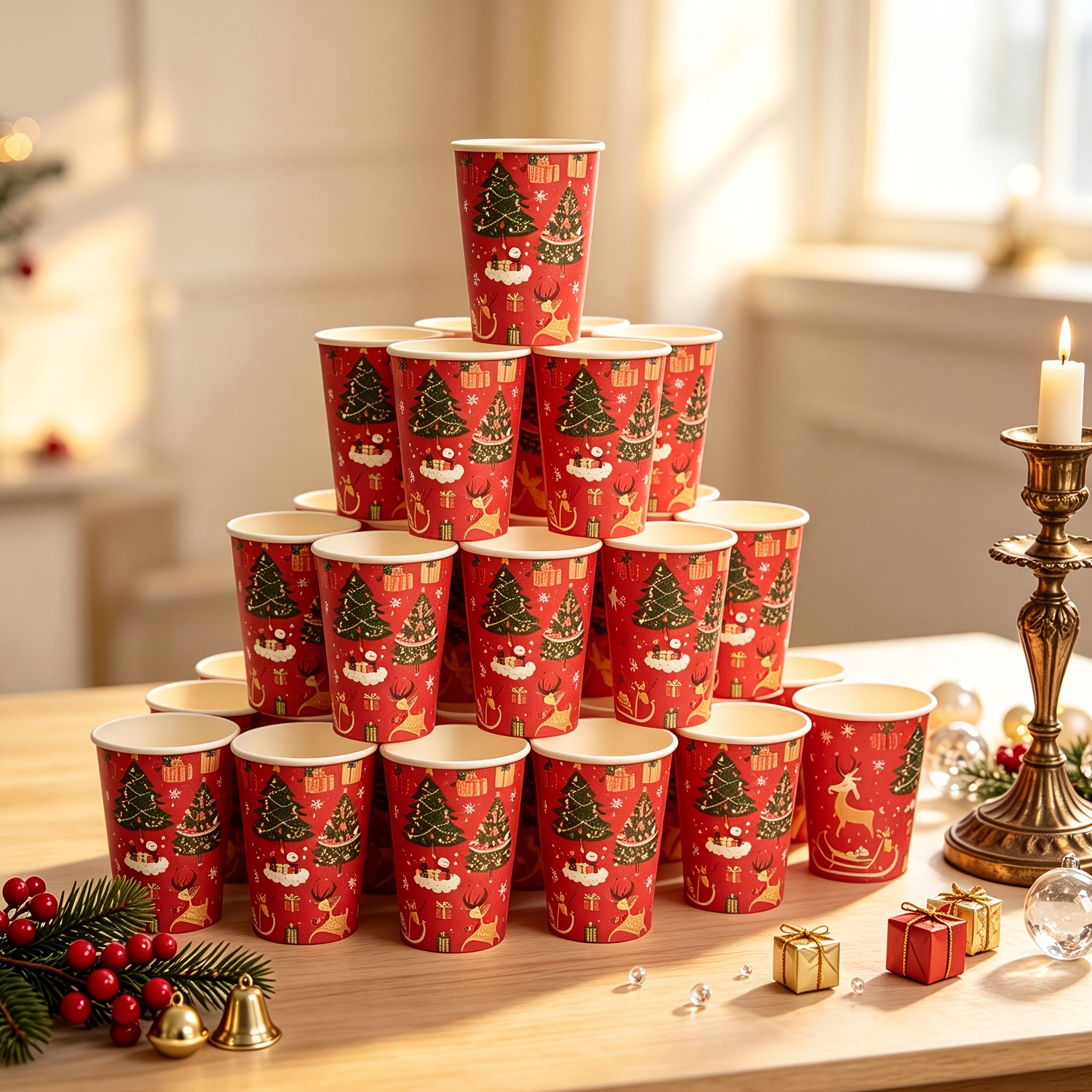 TEMU Lot de 30 gobelets en papier à mélangés sur le thème de Noël avec 1 porte-gobelet | de 9 oz, avec des le Père Noël// de neige. Convient pour les