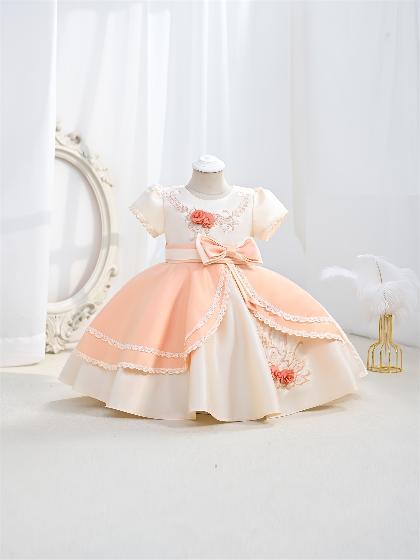 elegant girls' princess dress floral print bow detail pink Temu