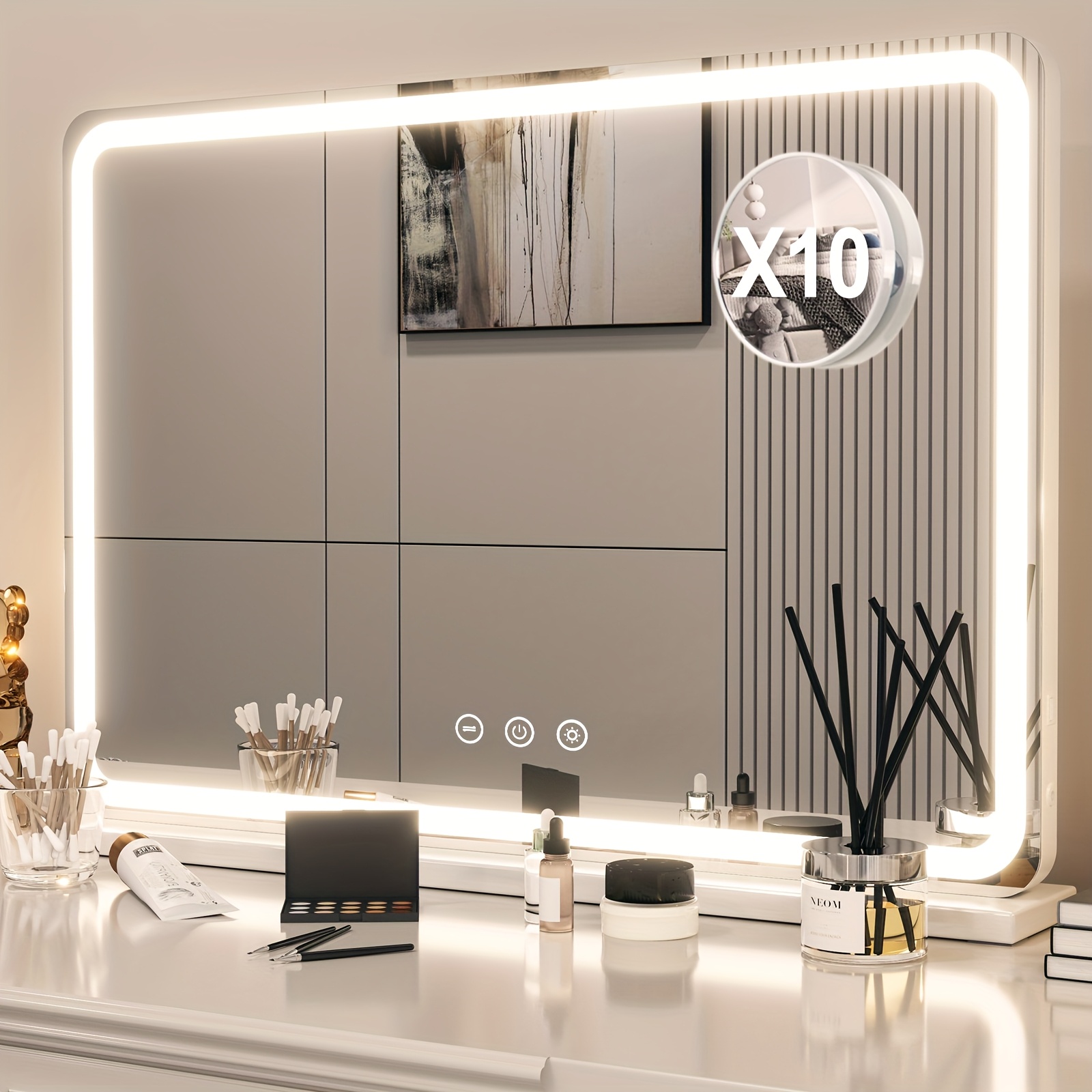TEMU Makeup Mirror With Lights Mobile Phone Desktop Wall Mount 80x60cm, Modern Makeup Mirrorwith Touch Switch For Beauty And Makeup, Perfect For
