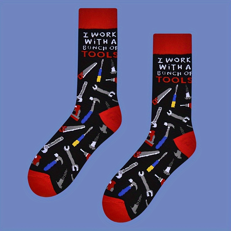 

Unisex Novelty Cartoon Pattern Mid-calf Crew Socks, Cotton With Acrylic, Warm Knit Fabric, Geometric Tool Graphics, Hand Washable - 1 Pair