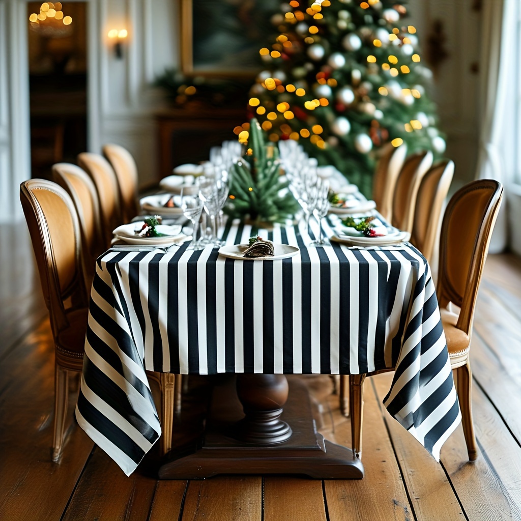 Halloween,chrismas,elegant Black & White Striped Tablecloth - Washable Polyester, Perfect For Weddings, Christmas Parties & Events - Versatile Indoor/outdoor Decor
