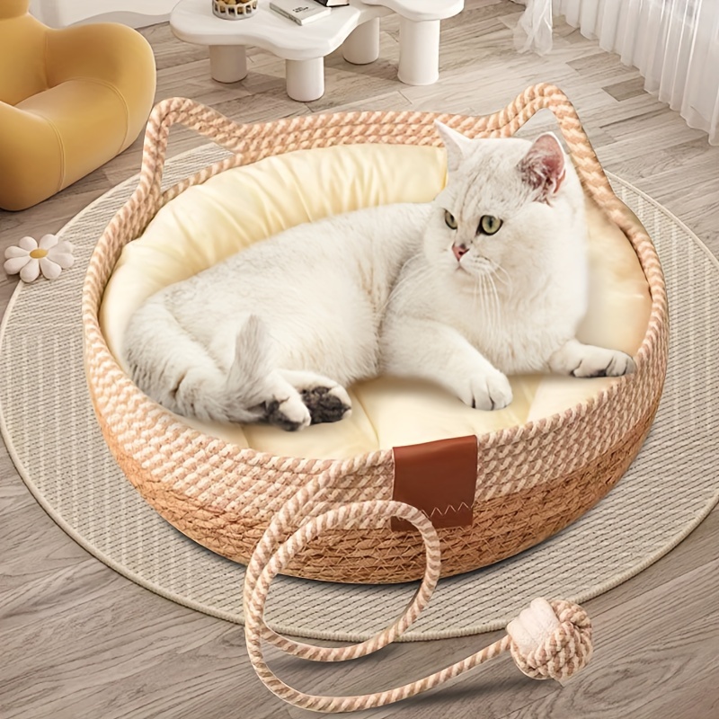 

1pc Rattan Woven Cat Bed Cat Basket Nest With Soft Cushion, 4 Seasons Universal Cat House With Ball Toy Tail