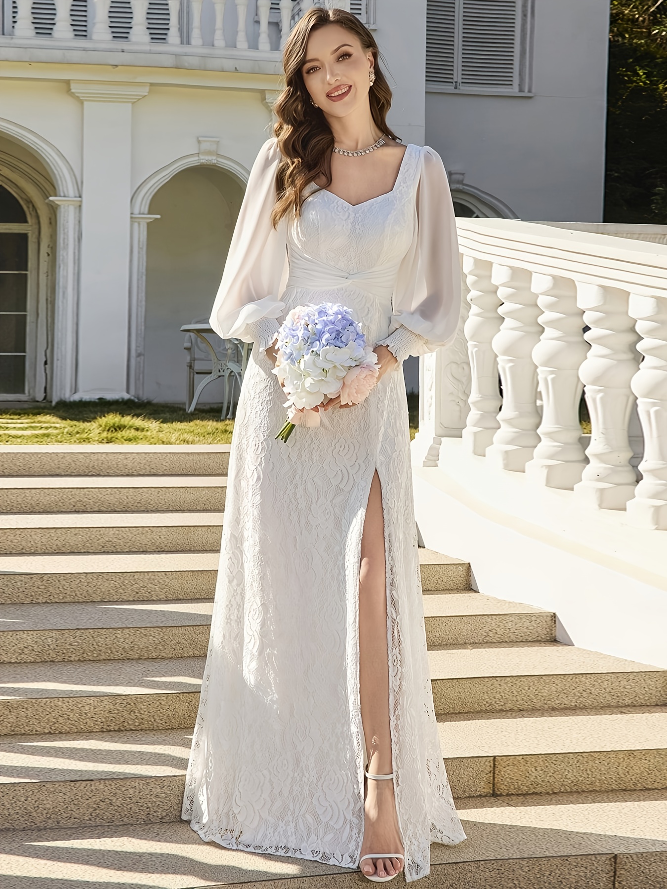 fitted lace wedding dress ZAPAKA Women Ivory Long Wedding Dress with Embroidery Tulle Long Sleeves  Bridal Dress – ZAPAKA NZ main image 0