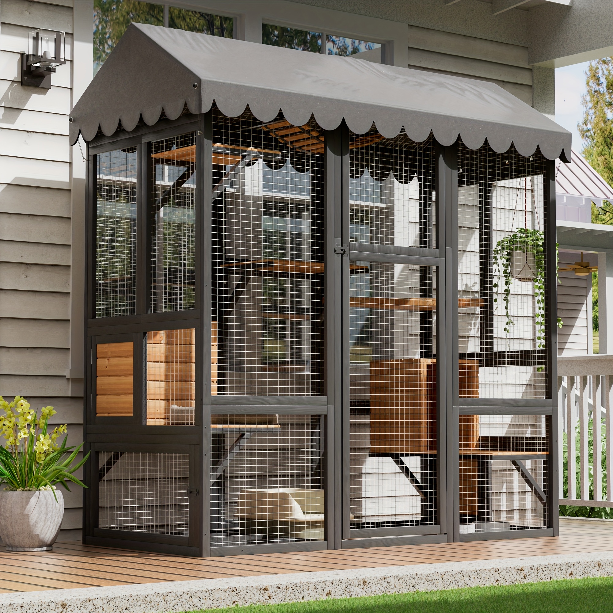 TEMU Large Walk-in Cat House Suitable For Indoor/outdoor Use - Wood Panel With Door, Platform & Small House - Multi-level Kitty Condo Playpen Enclosure For Large Cats, Balcony,,, House Cage