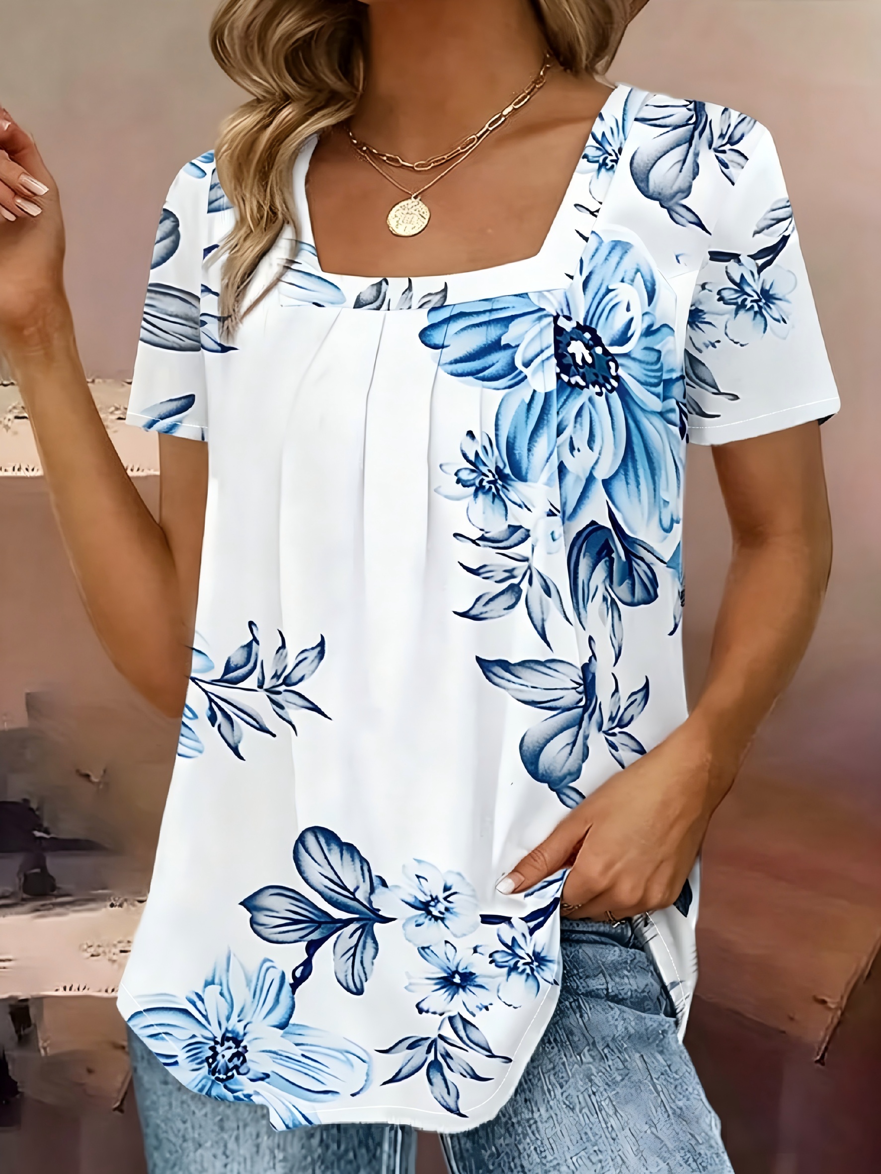   clothing floral print t shirt casual short sleeve square neck top for spring and summer womens wear