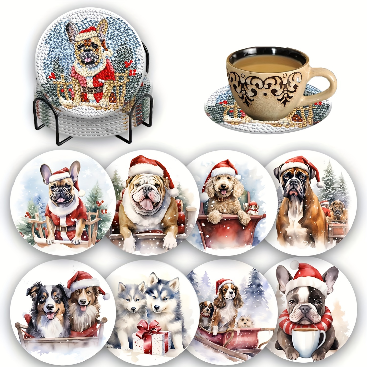 

8pcs Diy Diamond Painting Coaster Set With Stand, Christmas Dog Design, Round Gem Mats For Beginners