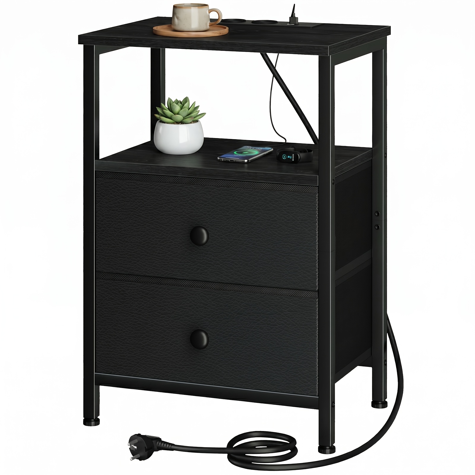 TEMU Reliable 1pc Bedside Table With Charging Station, Side Table With 2 Fabric Drawers And Open Shelf, Sturdy And Durable Nightstand With Usb Ports