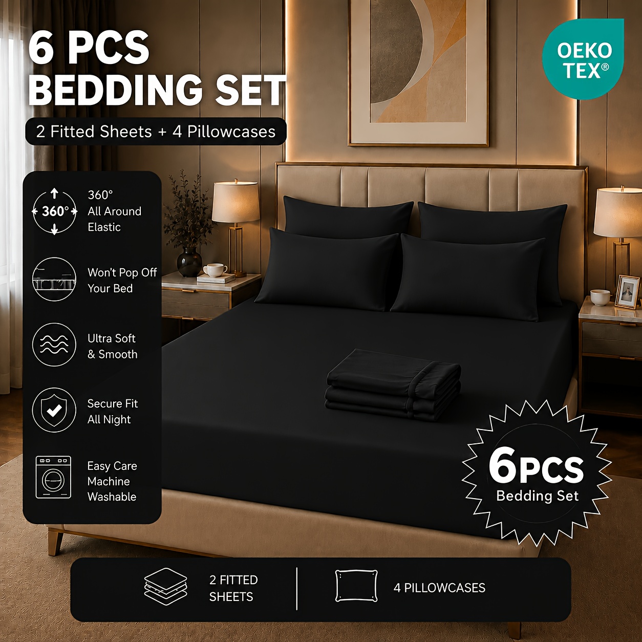 TEMU 6pcs Bedding, 2 Fitted Sheets & 4 Pillowcases, 360Â° Elastic Bed Sheets, Ultra Soft Smooth Breathable Mattress Cover, Machine Washable -tex Bed