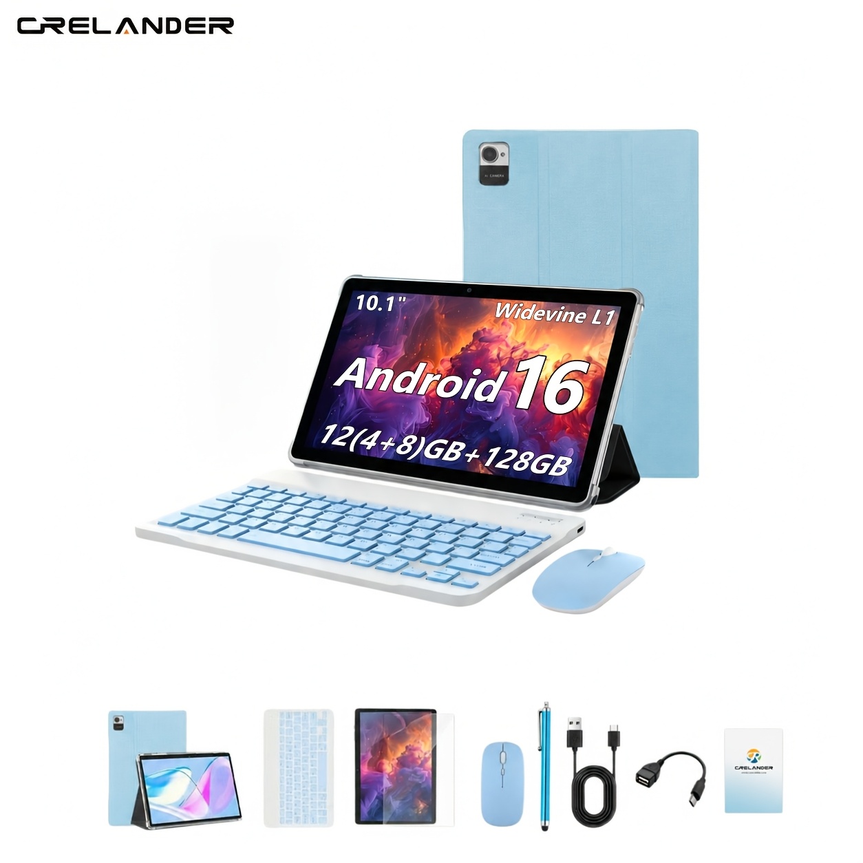 Image of Crelander 10.1 Inch Tablet 16, 1280*800 Resolution, 12gb(4+8gb Expand) . 128gb Rom, 5000mah Battery, Dual Camera 5mp+13mp, L1, , , With Blue Case, Eyboard, Mouse, Cable, Otg, Pad, Tablet Pc