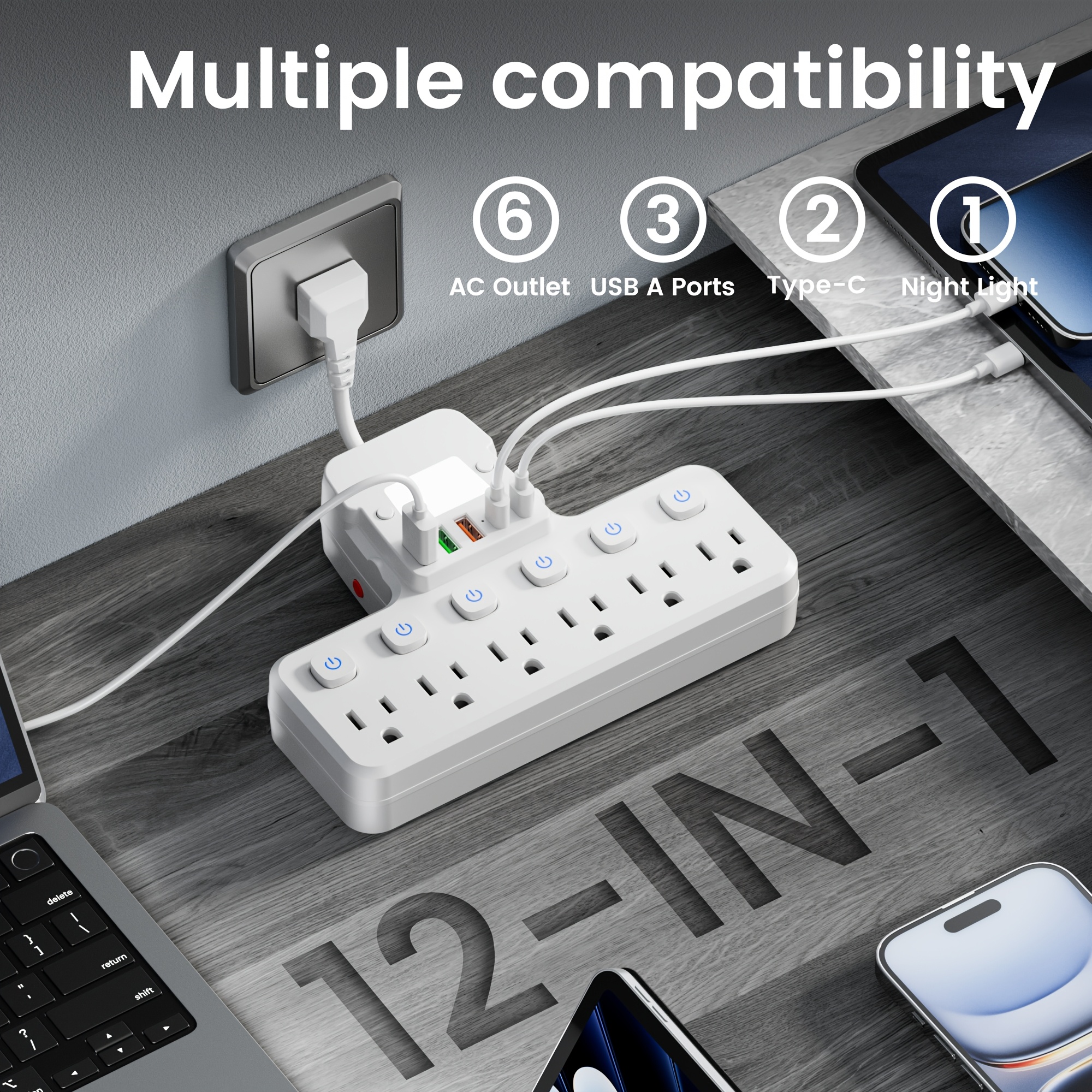 TEMU 1pc 12-in-1 Adjustable Desk Lamp Power Strip With Protection And Usb Port, 6 Ac Outlets With Switch, 3 Usb-a Ports And 2 Type-c Adapters - Multi
