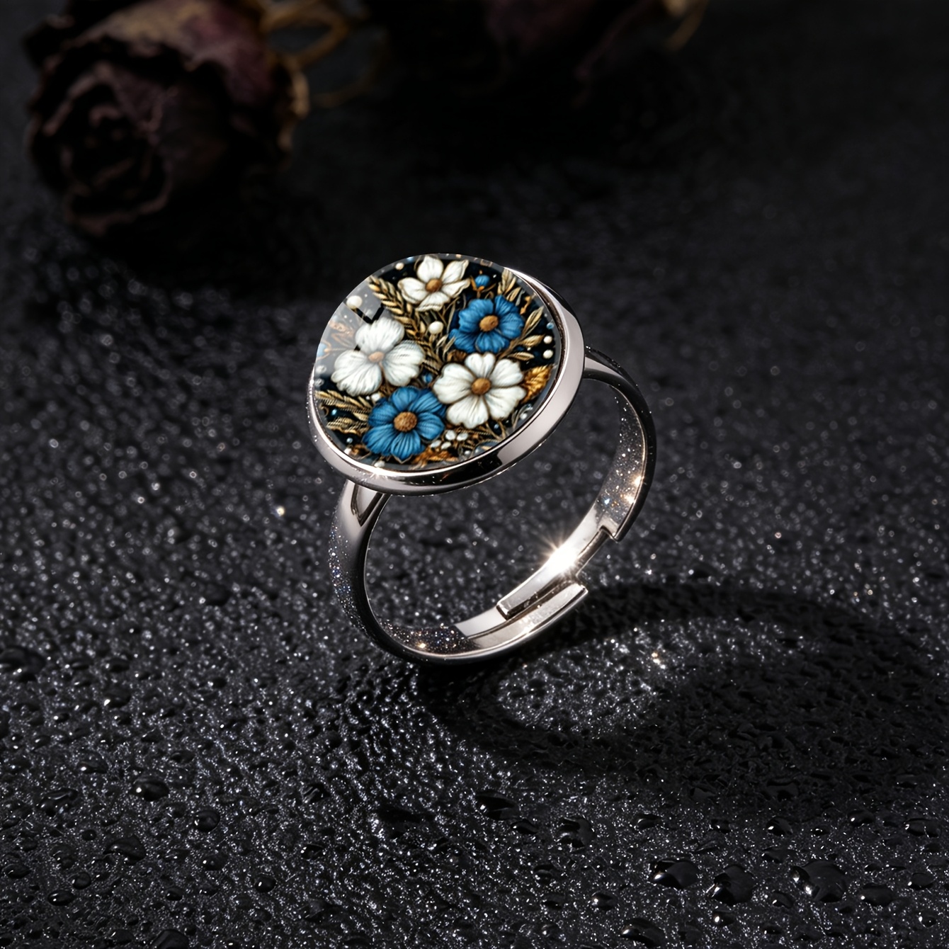 Dark Style Blue & White Floral Wheat Spike Pattern Ring