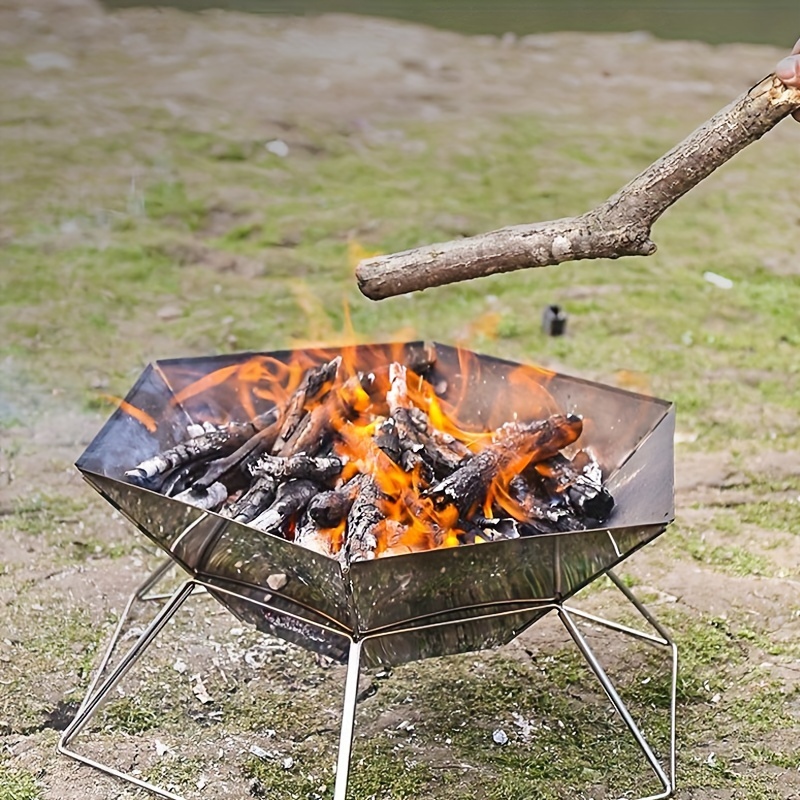 

Stainless Steel Portable Camping Grill - Polished Folding Hexagon Fire Pit For Outdoor Cooking With Charcoal & Wood, Durable Campfire Bbq Rack - No Magnesium Rod/flint Included