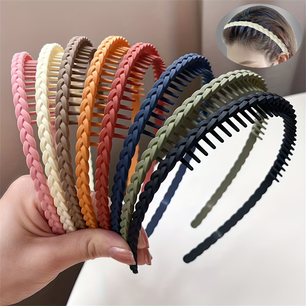 

Elegant Bohemian Style Resin Headbands - Set Of 8, Twisted Braid Design With Teeth For Dress Up - Solid Color Hairbands, Non-feathered, Multiple Pieces Accessory Set For Women