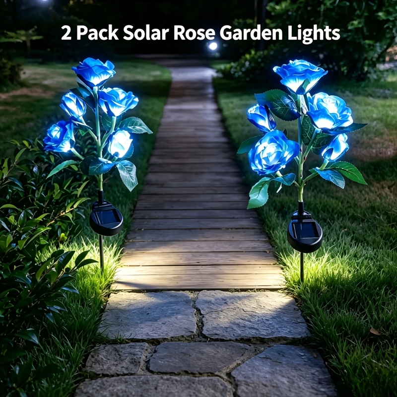 TEMU 2 Pack Solar Stake Lights, 5 Rose Flower Heads, 10 Glowing Led Outdoor Decor Lights, Waterproof Landscape Lighting For Yard Pathway Christmas