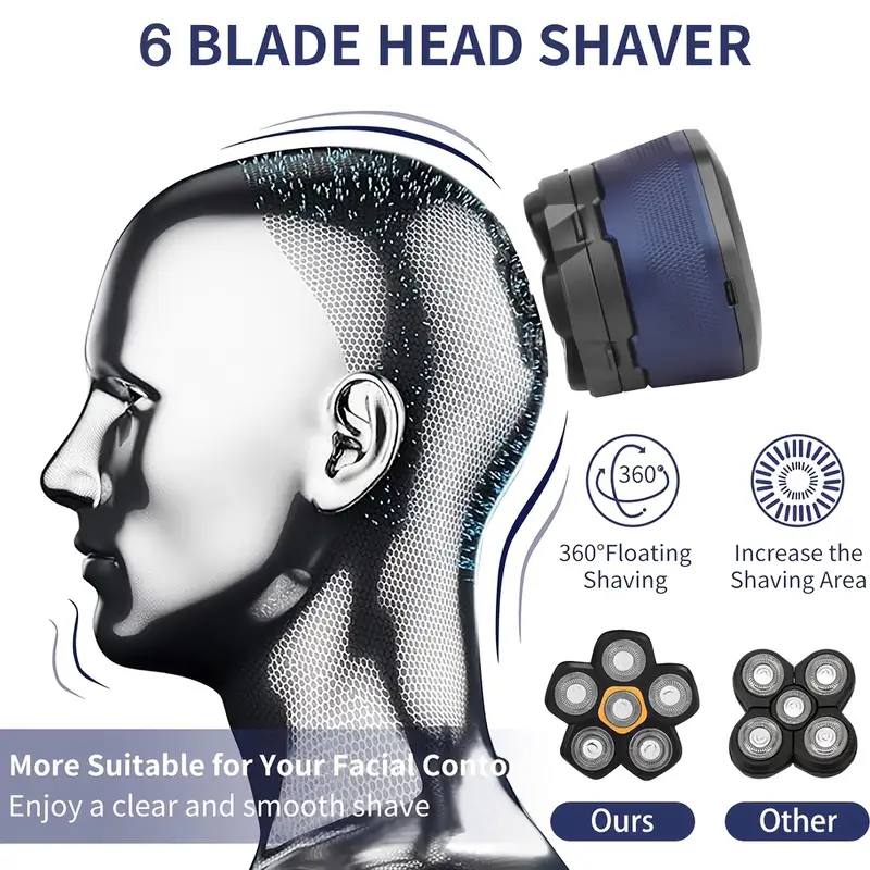 6d mens electric bald head clipper with led display cordless rechargeable 6 floating blades for smooth shaving short hair travel great gift for him rotating family use mens gift Product details 4