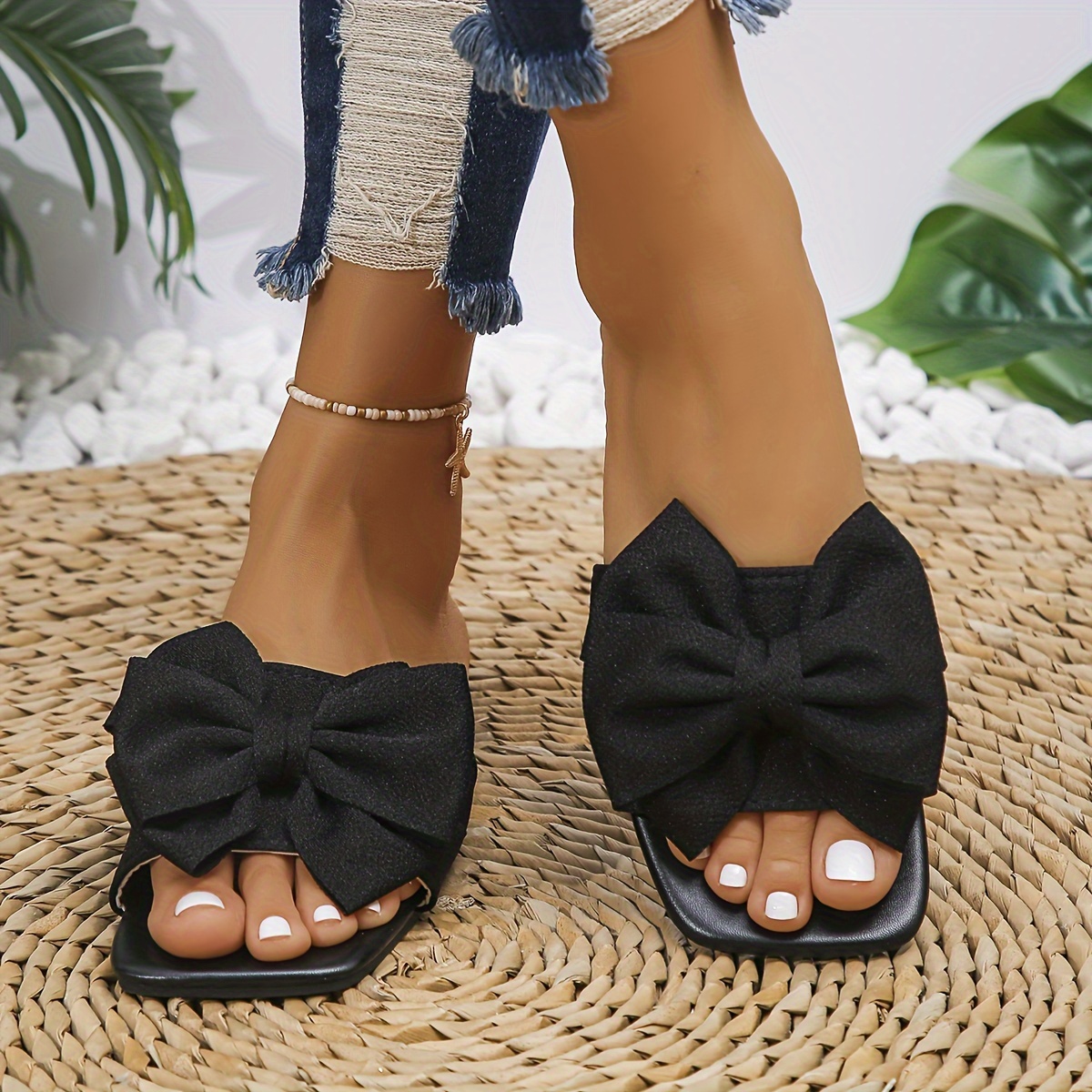 womens flat sandals a bow solid color open toe non slip Temu