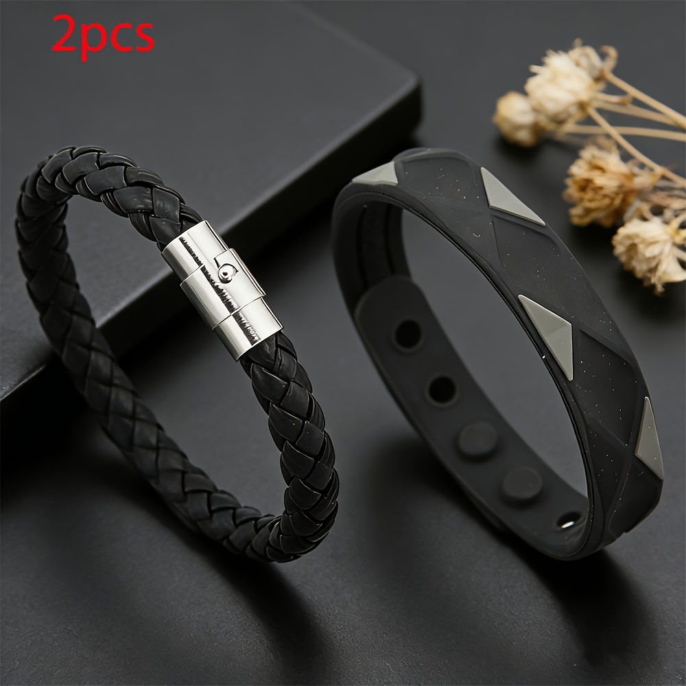 TEMU 2pcs Anti Static Wristband Set Pu Leather Bracelet Wristband Adjustable Minimalist Solid Colour European And Style Men Sports Wristband