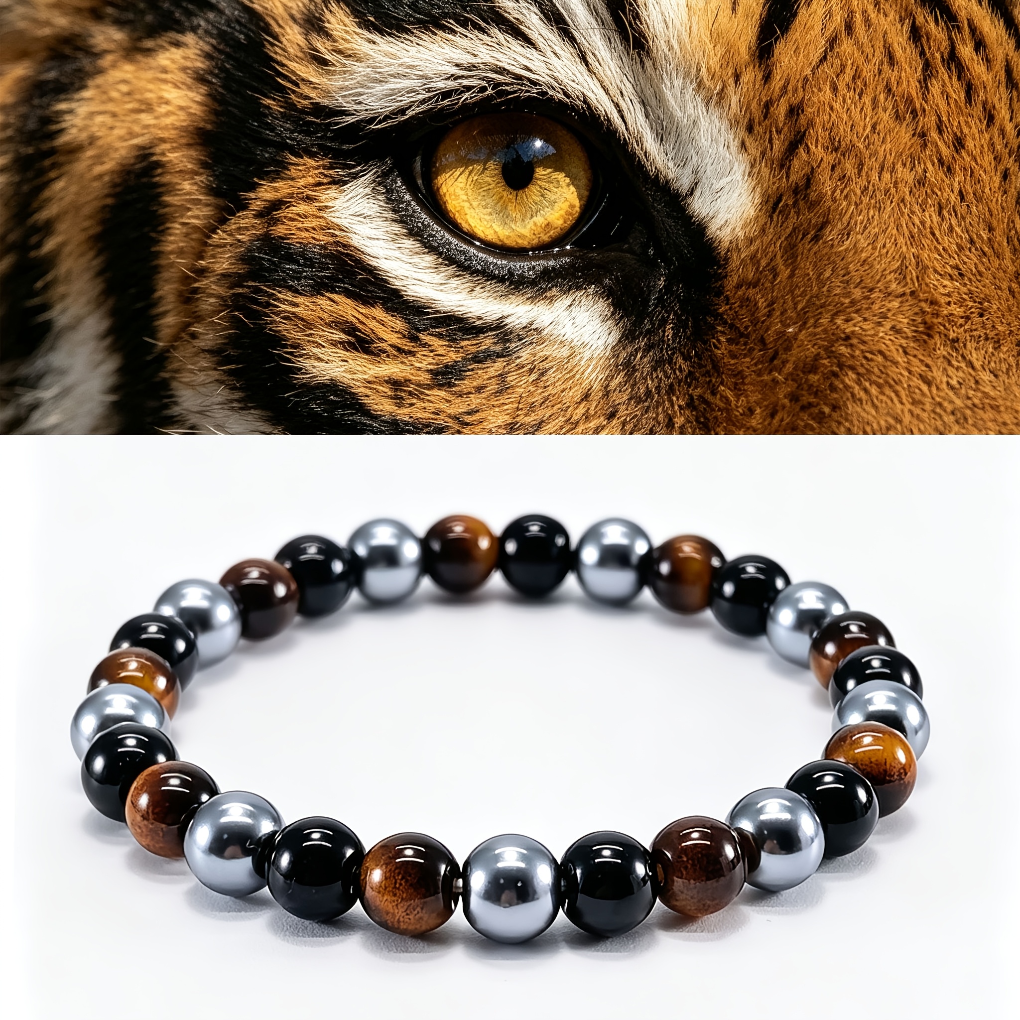 Three Types of Stones Bracelet: Tiger's Eye, Obsidian, Black Stone