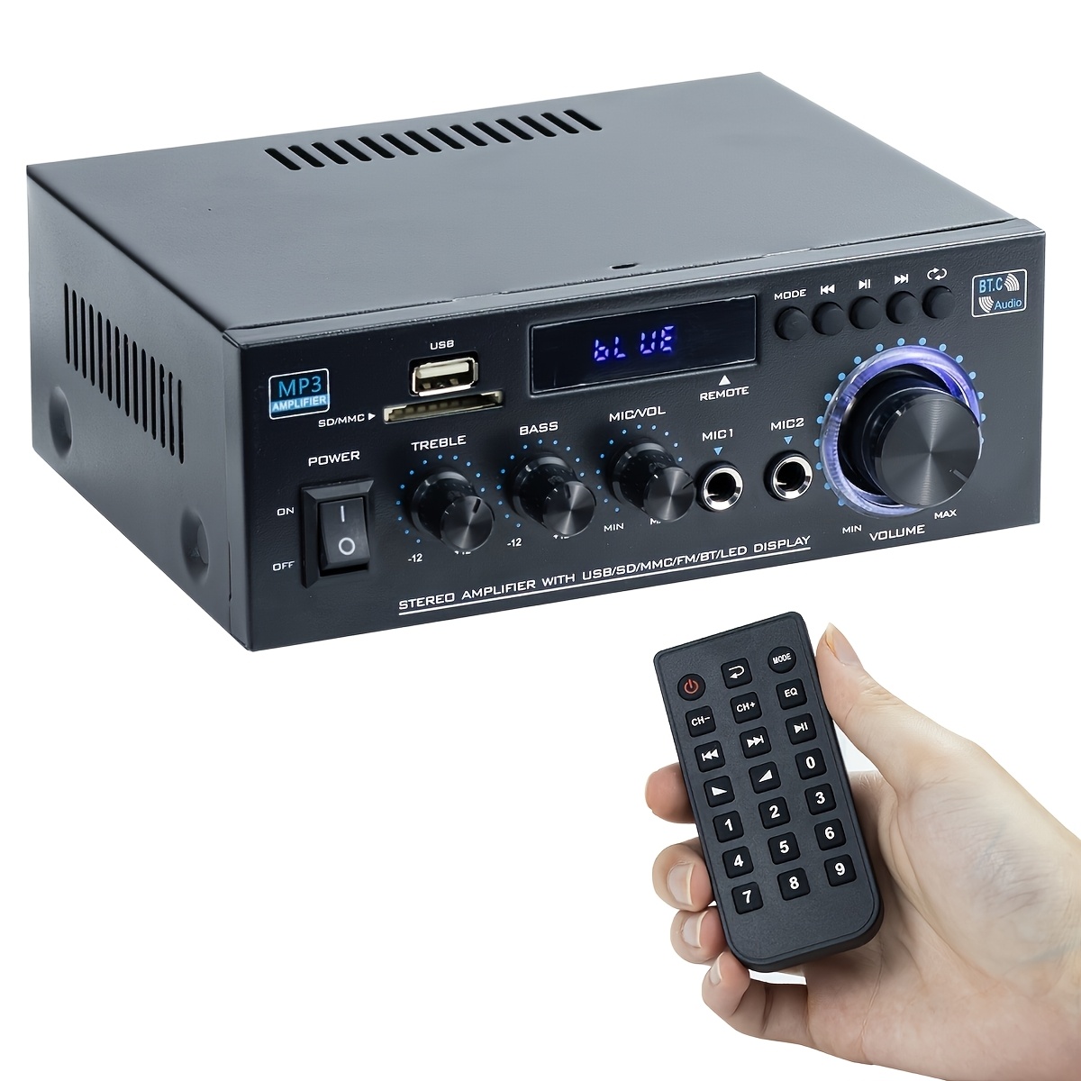 amplificador de audio estéreo   inalámbrico para estéreo doméstico,   2     de amplificador de potencia inalámbrico 5.0 con radio fm, usb,   sd y control remoto