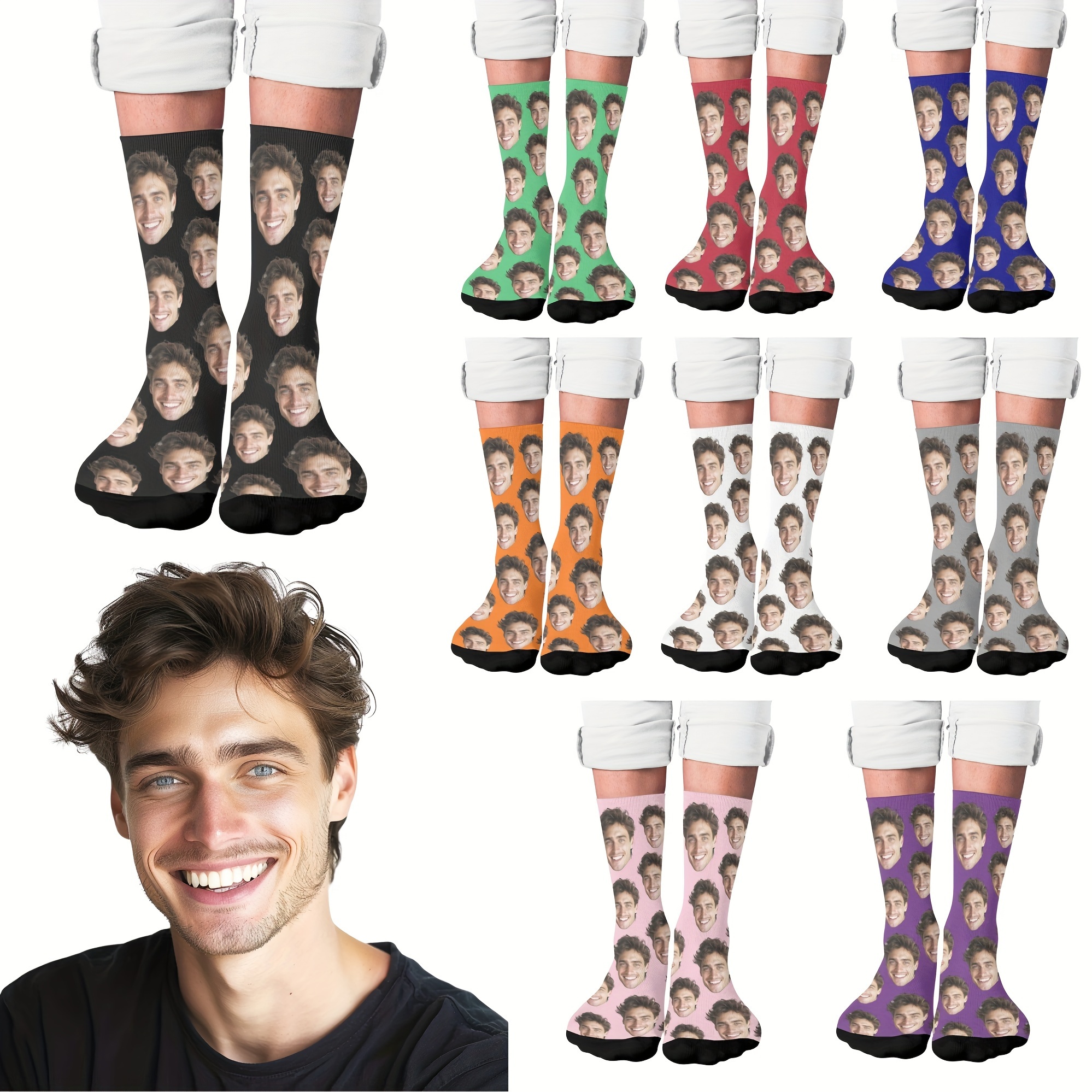 

1 Pair Of Men's Knitted Funny Face Pattern Crew Socks Support Personal Photo Customization, Comfy & Breathable Elastic Socks, For Gifts, Parties And Daily Wearing